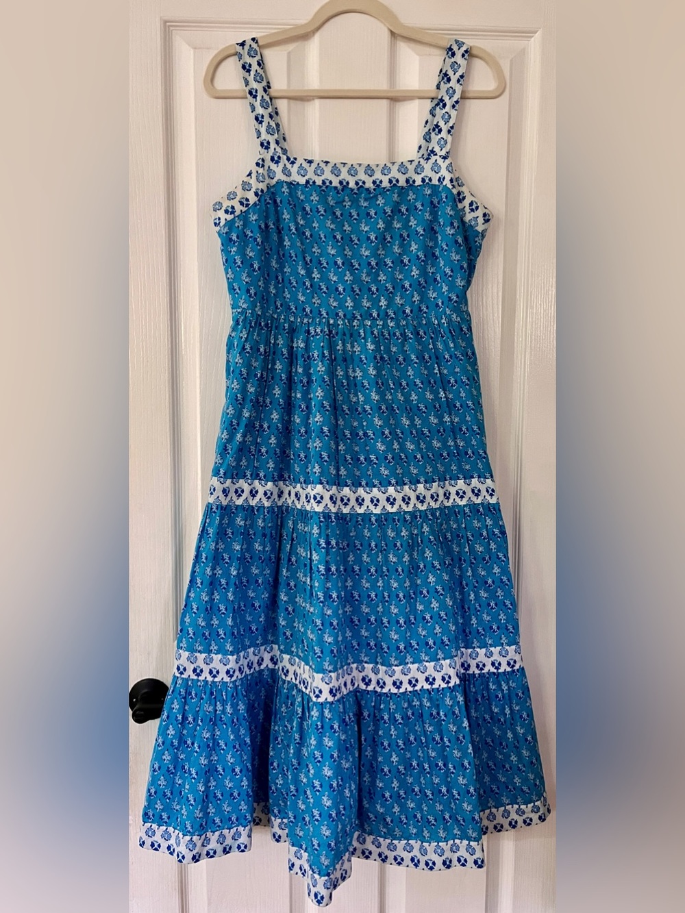 J. Crew 100% Cotton Blue Floral Tiered Midi Dress